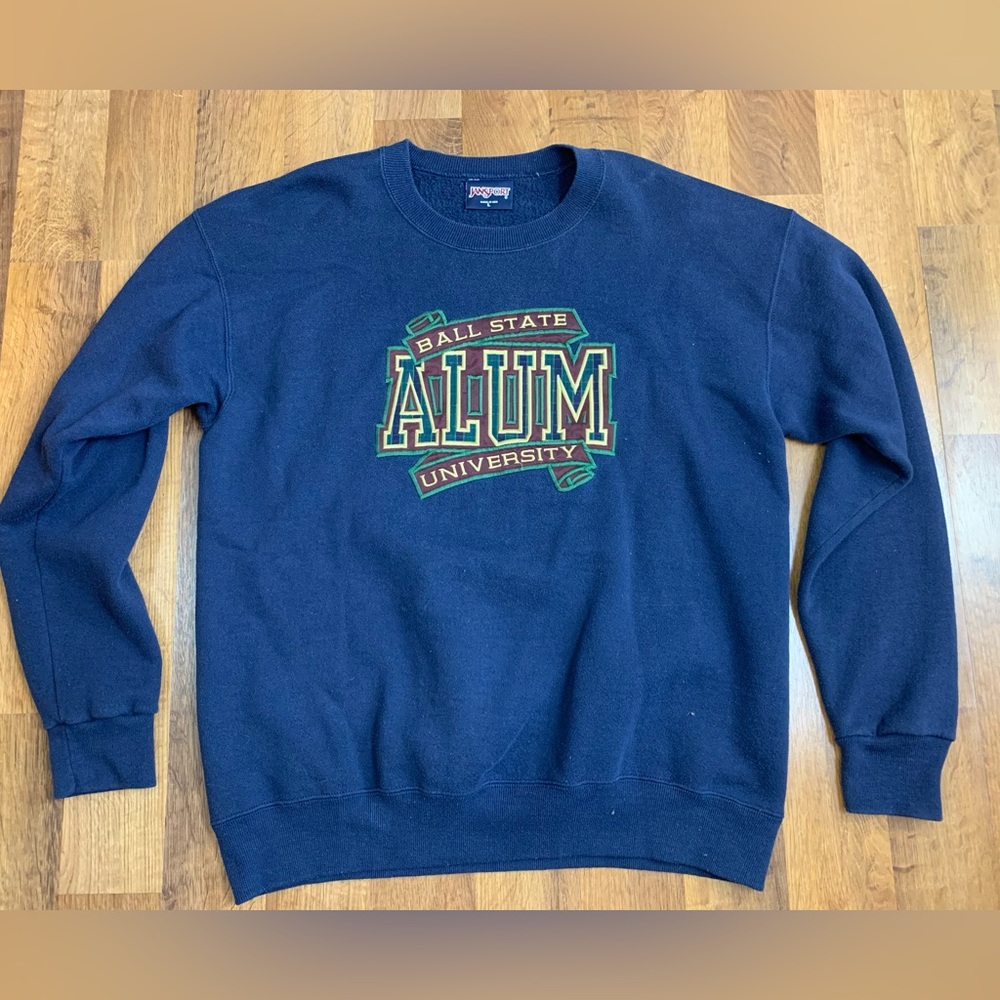 Vtg Jansport Ball State Alumni Mens XL Crewneck Sweatshirt Navy Blue Embroidered